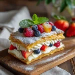 Puff pastry berry cream cake with fresh berries