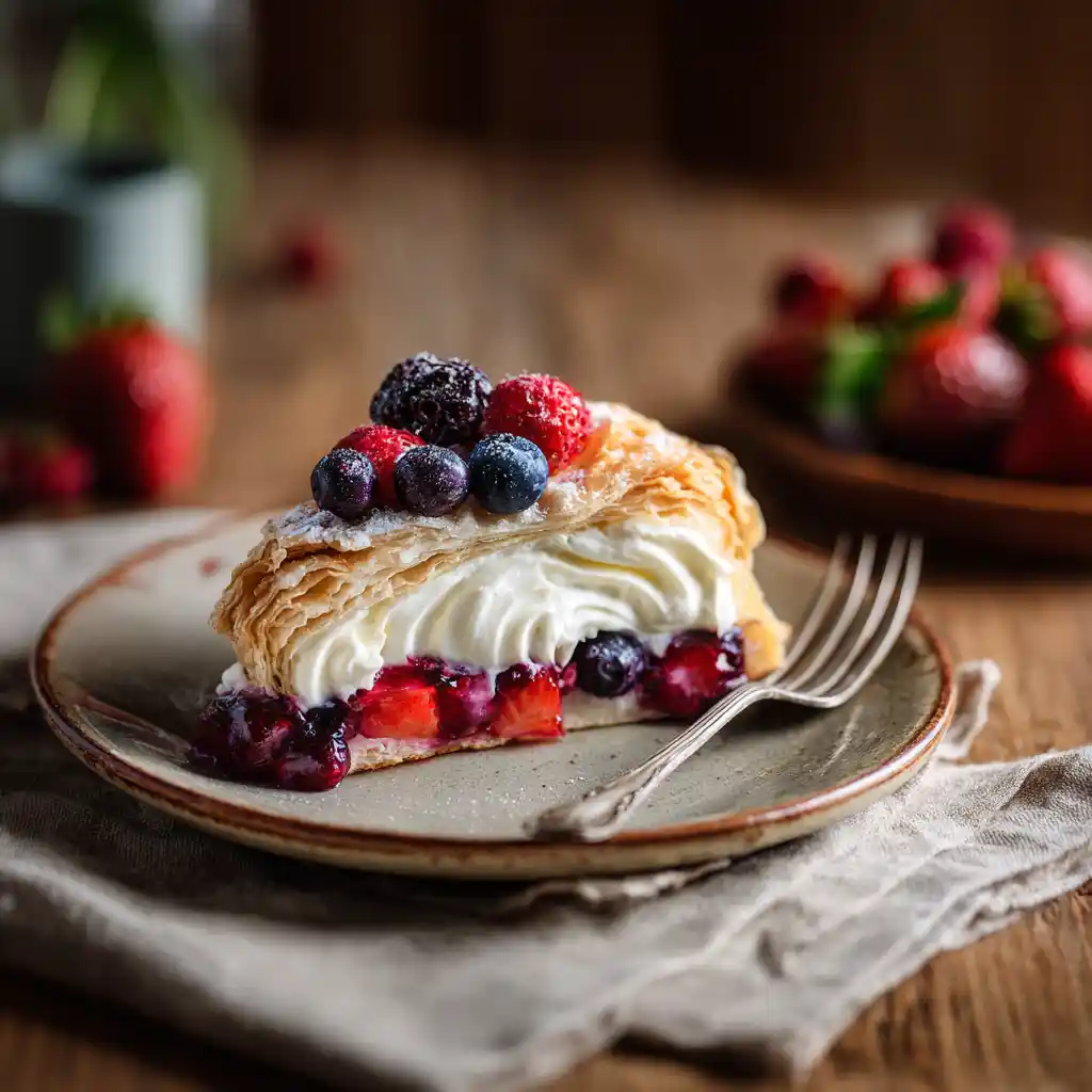Slice of puff pastry berry cake with cream