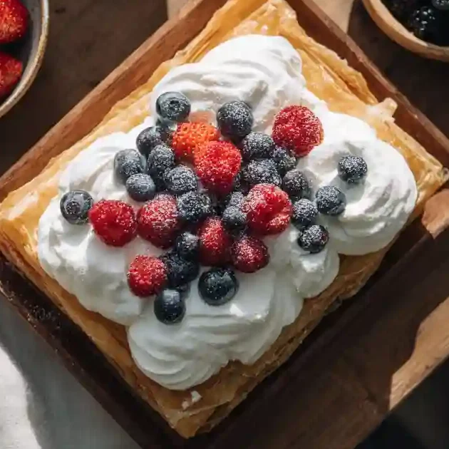 Spreading cream on puff pastry with berries