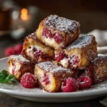 Raspberry cream cheese stuffed French toast bites on plate with raspberries and powdered sugar.