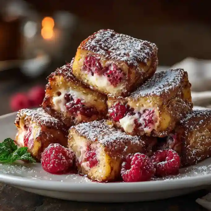 Raspberry cream cheese stuffed French toast bites on plate with raspberries and powdered sugar.