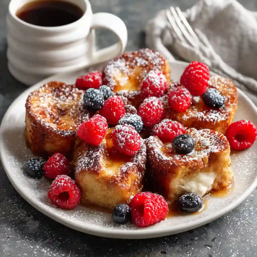 French toast bites topped with powdered sugar and fresh raspberries on breakfast plate.