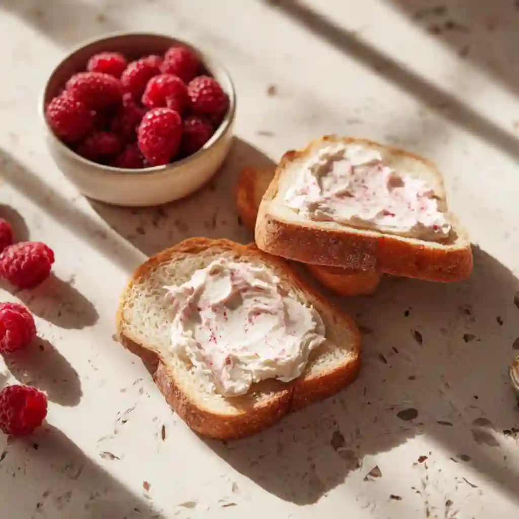 Close-up of raspberry cream cheese stuffed French toast bites cooking in skillet, golden edges and melted butter visible.
