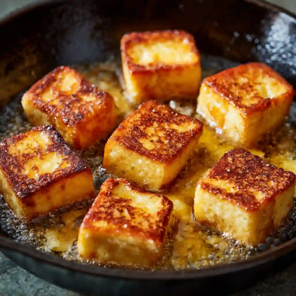 French toast bites sizzling in buttered skillet with golden crust forming.
