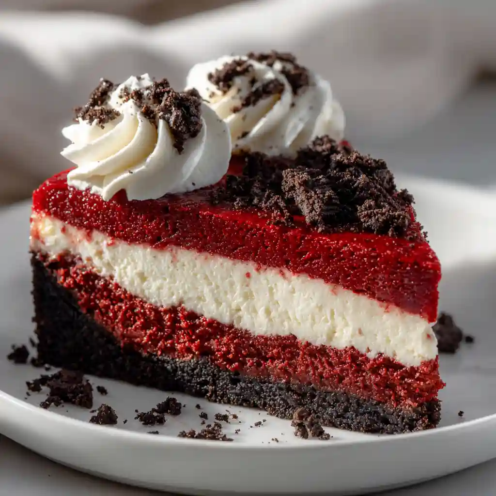 Red Velvet Cheesecake with Oreo Crust slice topped with whipped cream