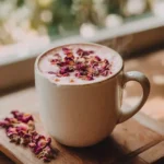 Close-up mug of Rose Latte topped with dried rose petals on a wooden table.