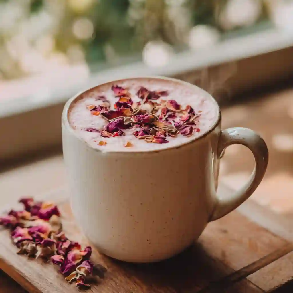 Close-up mug of Rose Latte topped with dried rose petals on a wooden table.