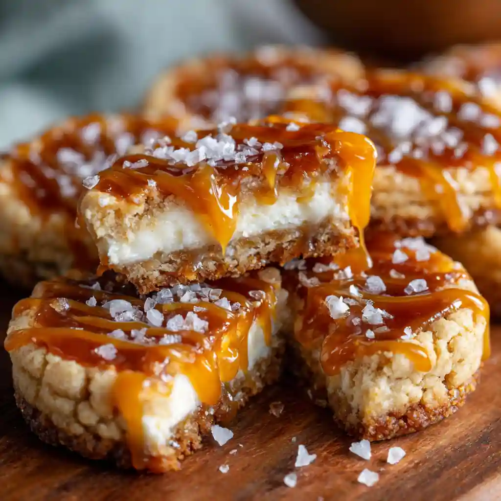 Salted Caramel Cheesecake Cookies drizzled with caramel and sea salt