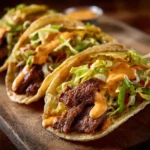 Smashburger Tacos - Juicy, Cheesy, and Ready in Minutes 3 Smashburger Tacos with melted cheese and burger sauce on wooden board