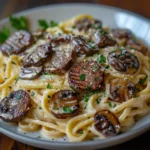Steak and mushroom Alfredo linguine with creamy sauce