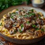 Steak Marsala pasta with mushrooms and creamy sauce