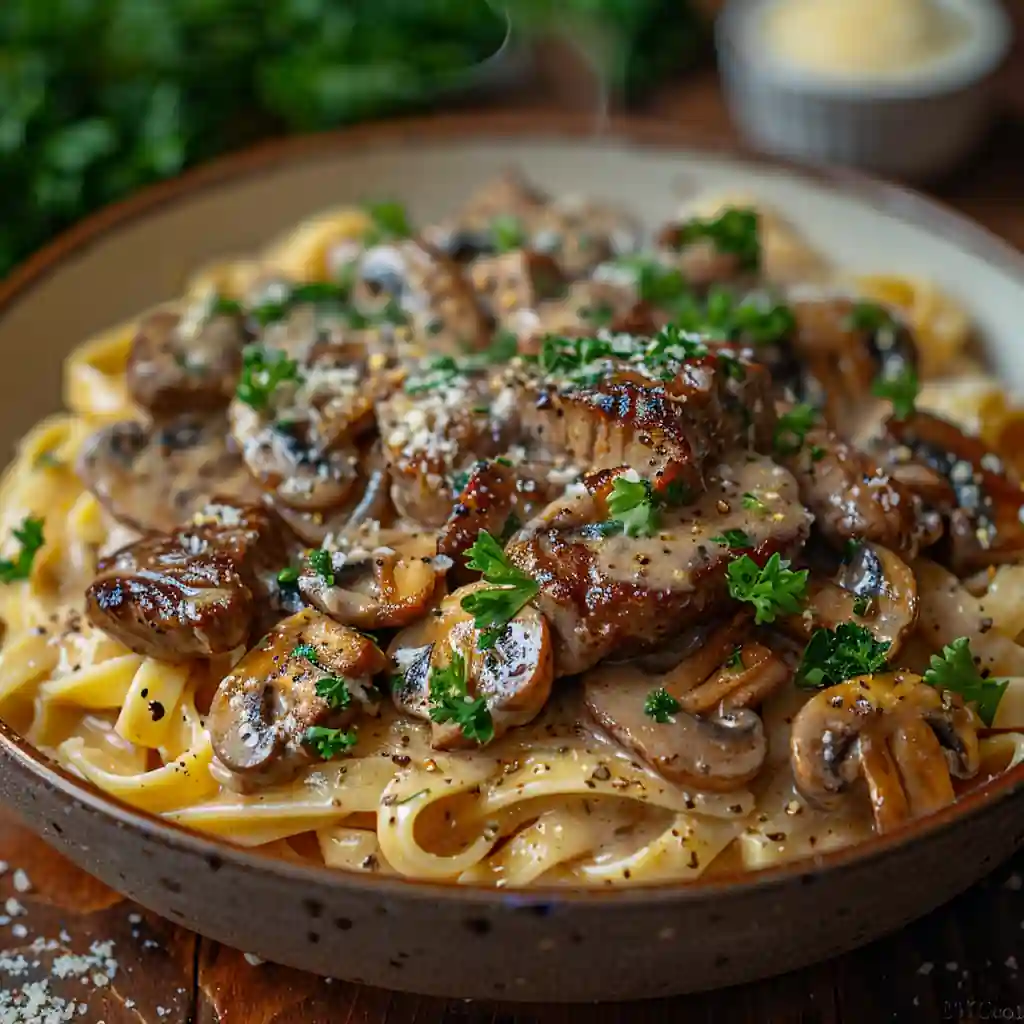 Steak Marsala pasta with mushrooms and creamy sauce