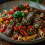 Steak Pesto Pasta with Tomatoes: Fresh, Flavorful & Comforting 3 Steak pesto pasta with cherry tomatoes and Parmesan