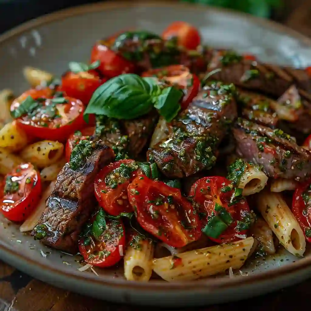 Steak Pesto Pasta with Tomatoes: Fresh, Flavorful & Comforting 2 Steak pesto pasta with cherry tomatoes and Parmesan