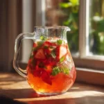 Close-up pitcher of Strawberry Mimosa Brunch Punch with strawberries and mint on a wooden counter in natural light.