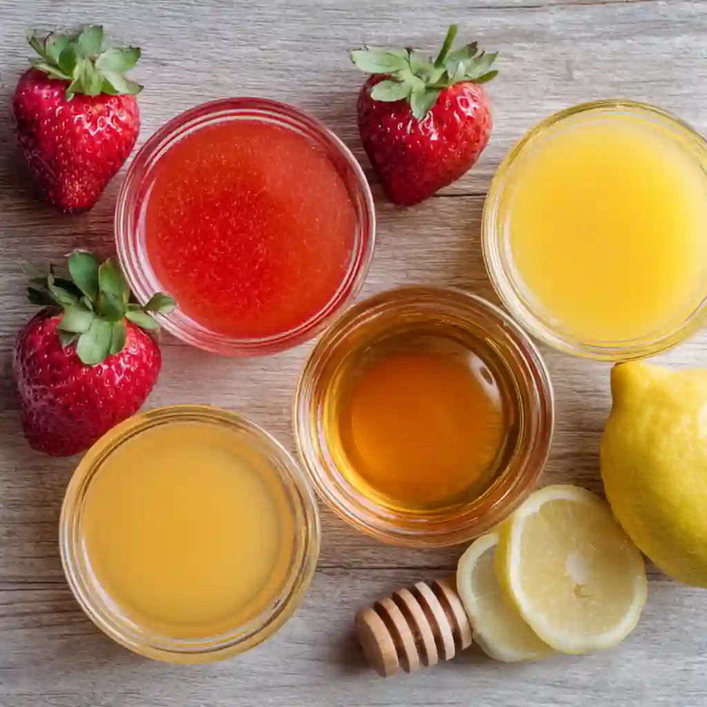 Fresh strawberries, orange juice, pineapple juice, lemon, and honey arranged in small glass bowls on a wooden counter.