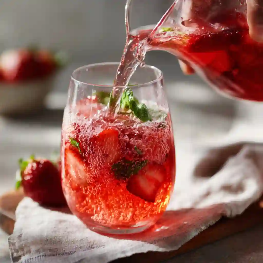 Hand pouring Strawberry Mimosa Brunch Punch into a clear glass, with fruit slices and bubbles visible.