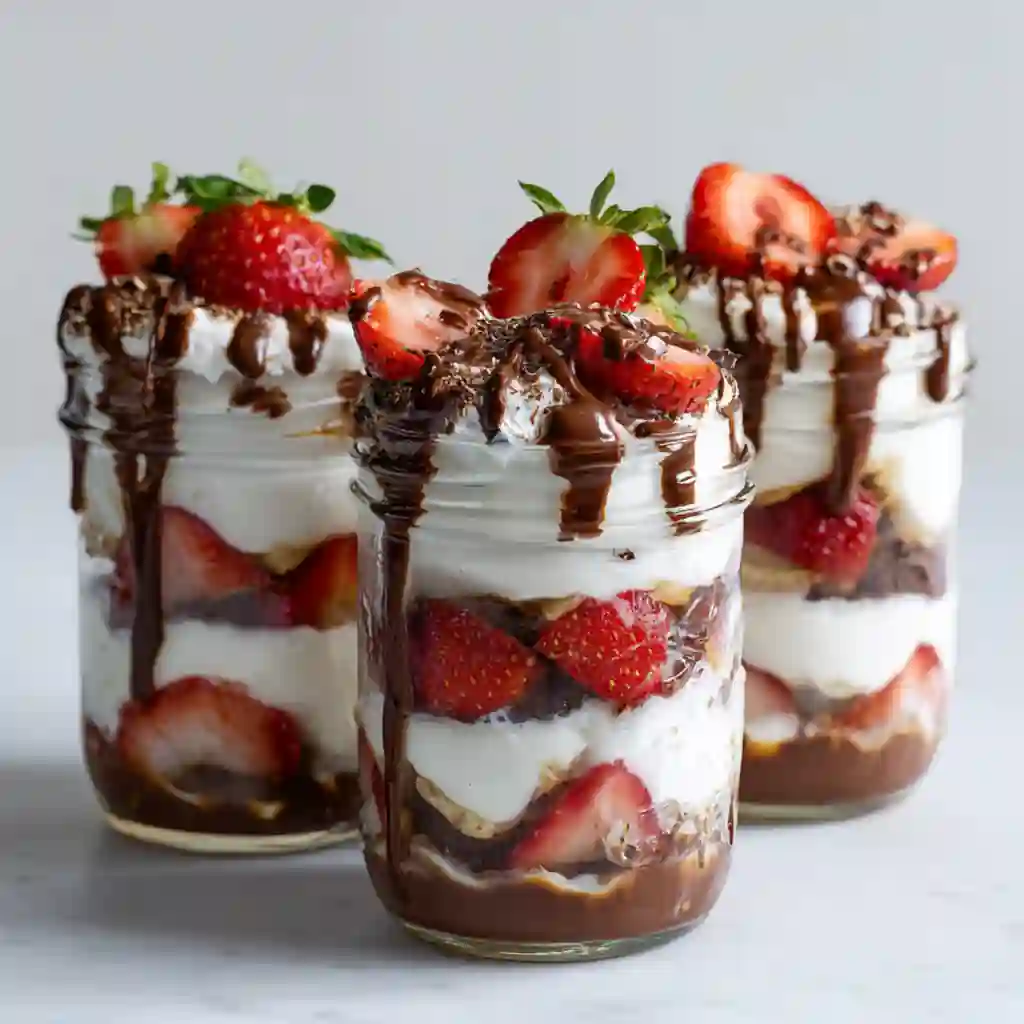 Glass jars of Chocolate-Covered Strawberry Yogurt Parfaits with chocolate drizzle and sliced strawberries.