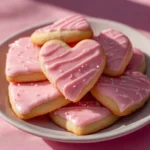 Heart-Shaped Sugar Cookies with Strawberry Glaze (Sweet + Stunning!) 9 Heart-shaped sugar cookies with strawberry glaze on pink backdrop