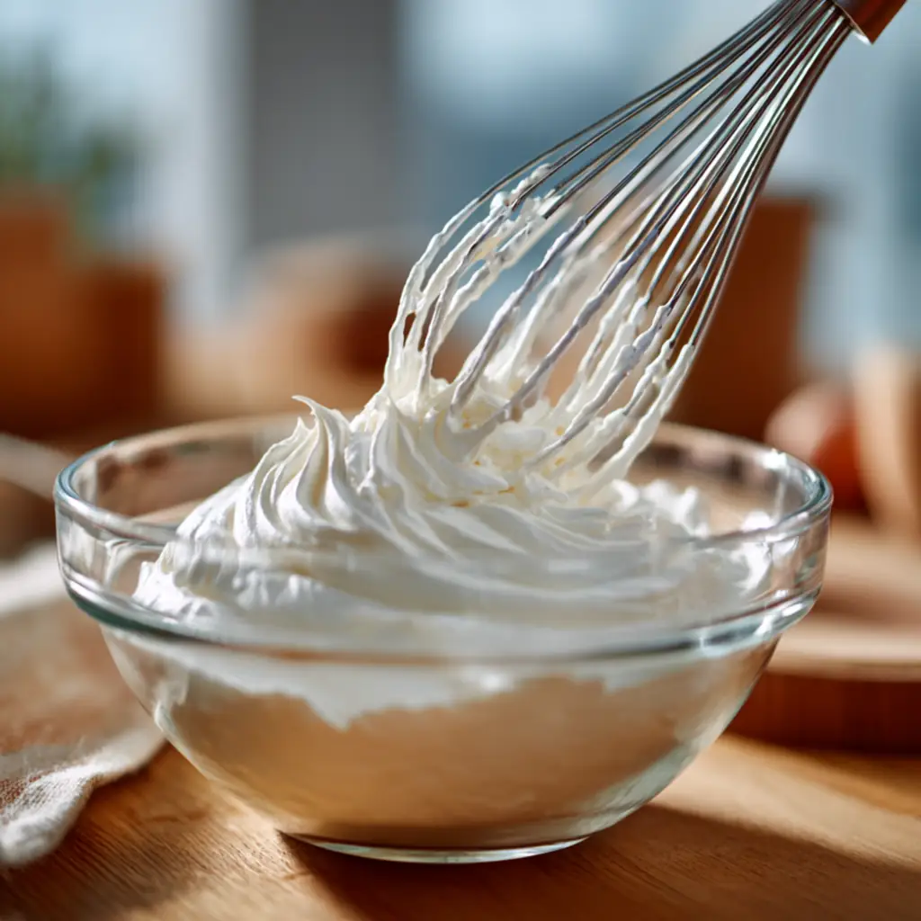 Whisk whipping fresh cream into soft peaks in a glass bowl on a bright kitchen counter.