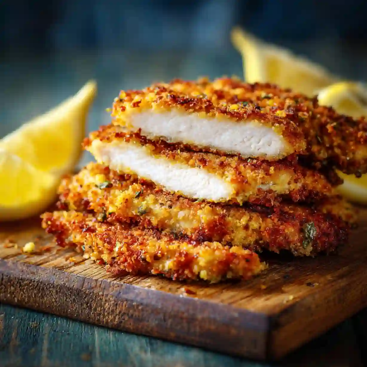 Panko-Breaded Chicken Fillet – Crispy, Juicy, Flavor-Packed 2 Crispy panko-breaded chicken fillet sliced on a plate