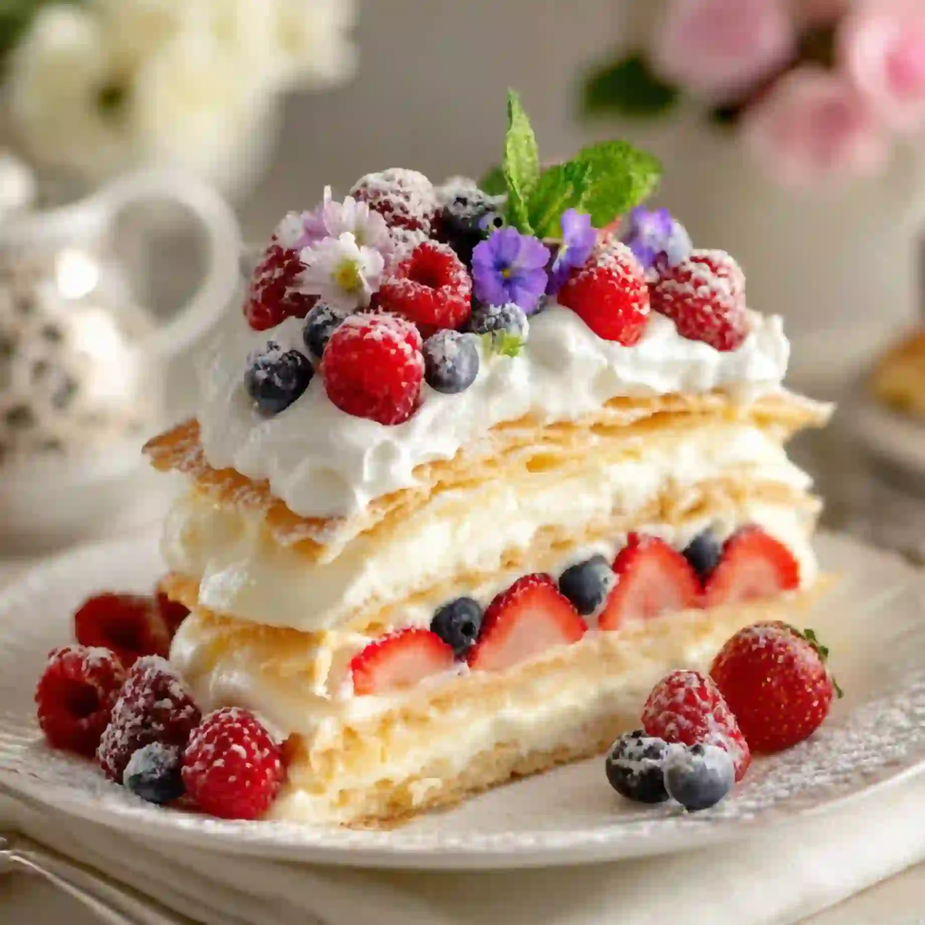 Berry cream pastry cake layered with whipped cream and fresh berries