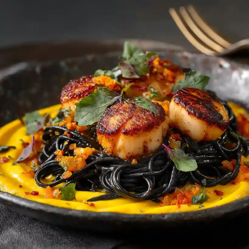 This black linguine with seared scallops and pumpkin-orange saffron sauce is your luxe dinner go-to—creamy, citrusy, savory, and shockingly easy to pull off.