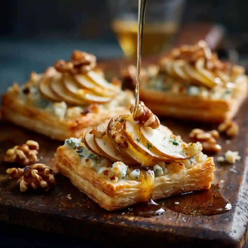Blue Cheese and Pear Tartlets: Buttery, Sweet & Savory Perfection 2 Blue Cheese and Pear Tartlets with honey drizzle and walnuts