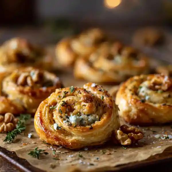 Blue Cheese Walnut Thyme Puff Pastry Twirls on a baking tray