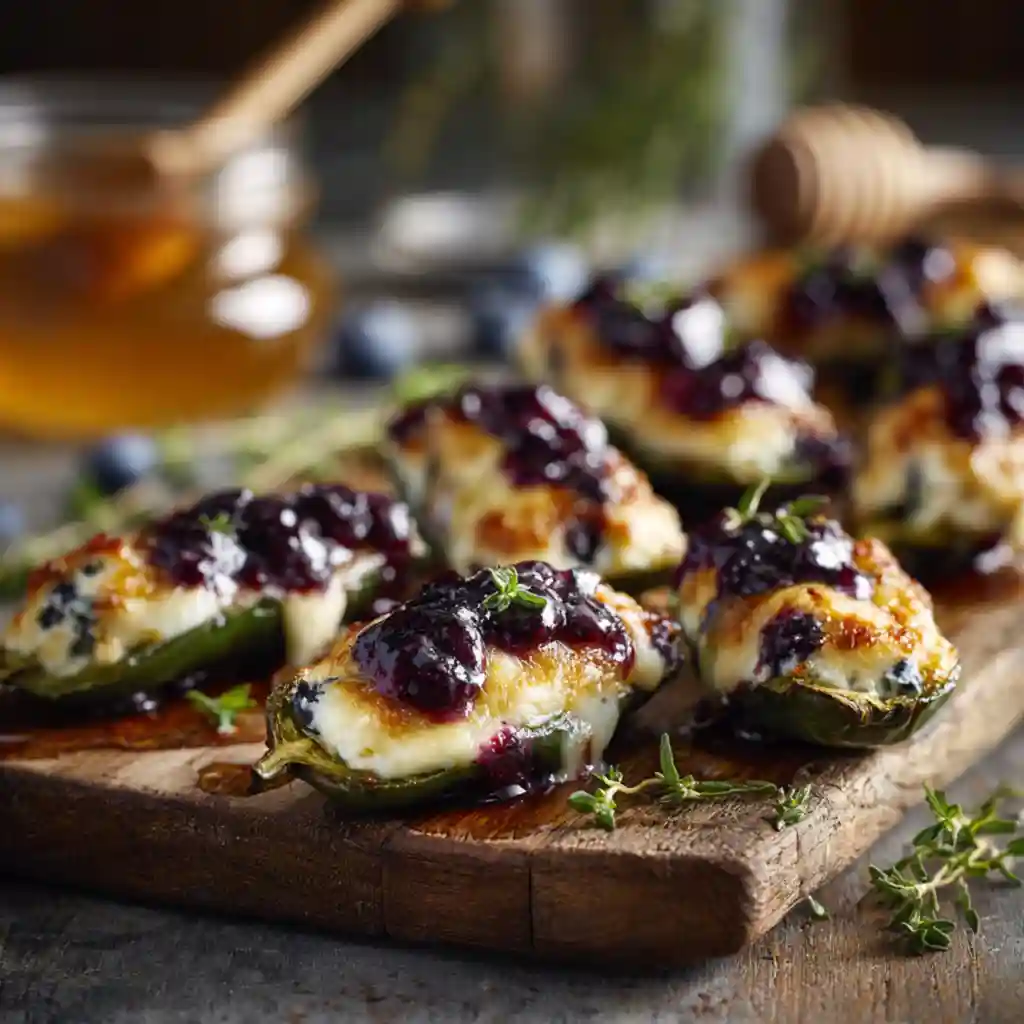 Blueberry Brie Jalapeño Poppers on wooden serving board