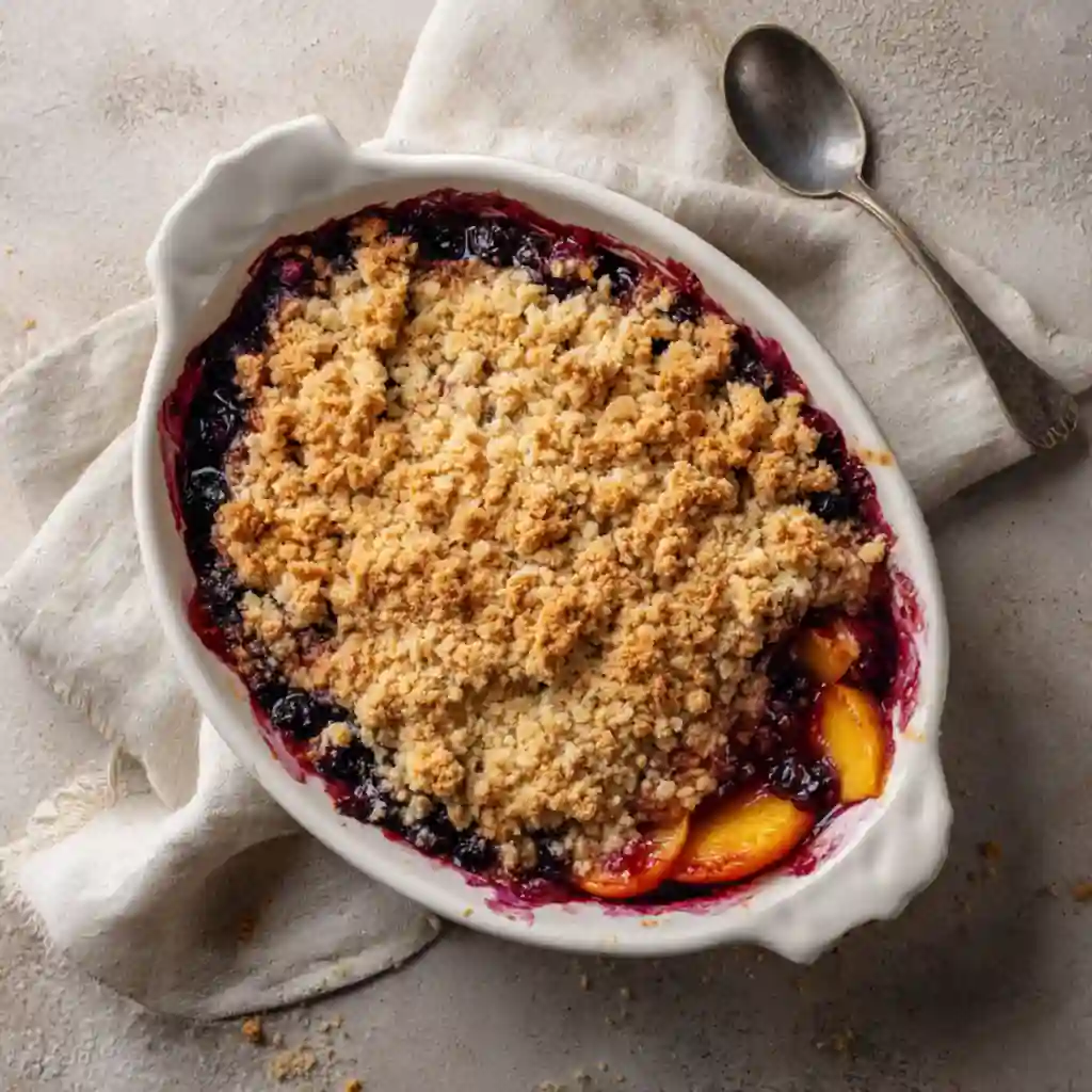 Blueberry Peach Crumble – warm fruit dessert with golden oat topping in a baking dish
