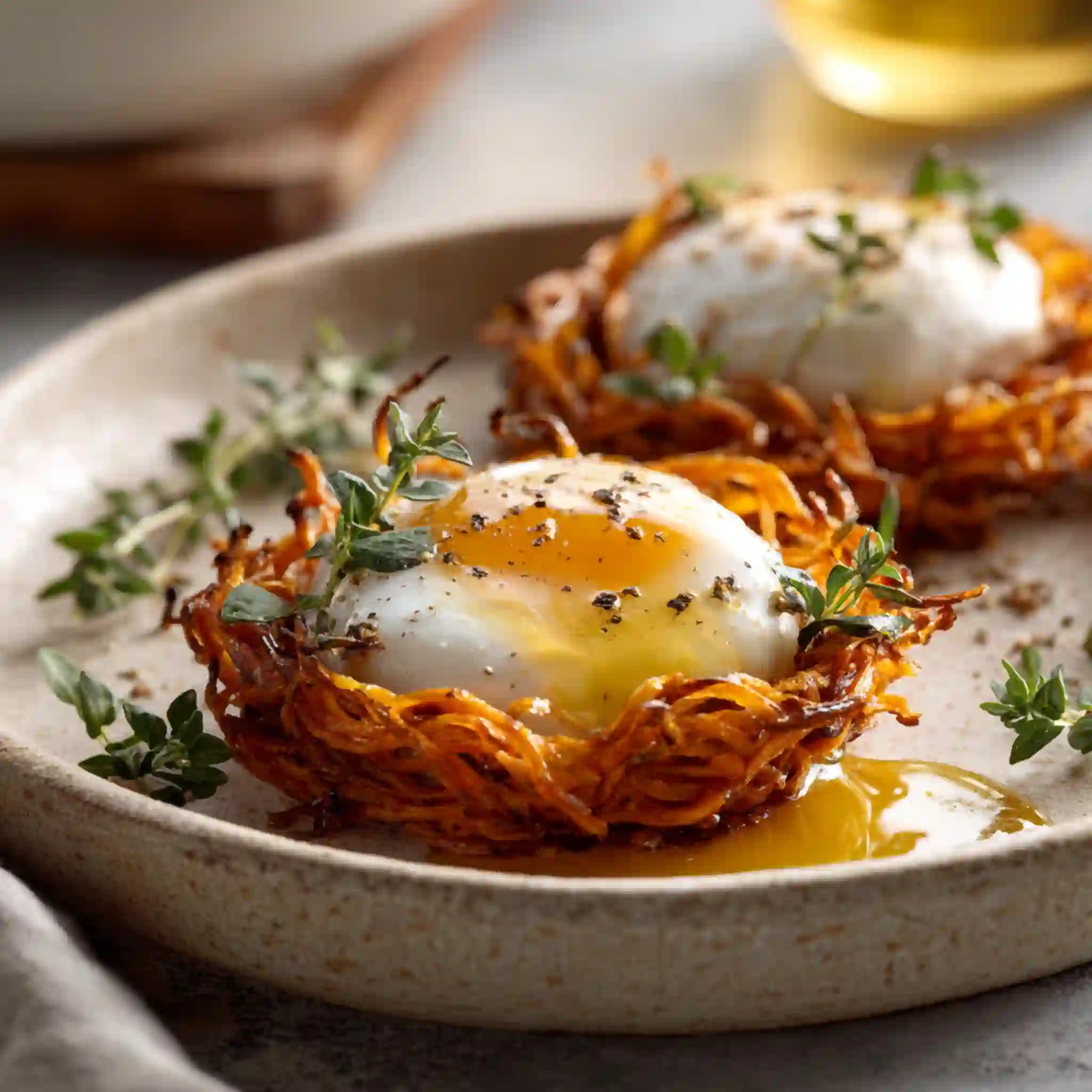 Crispy shredded sweet potato nests filled with creamy burrata and herbs — the perfect elegant, easy-to-make appetizer or brunch centerpiece.