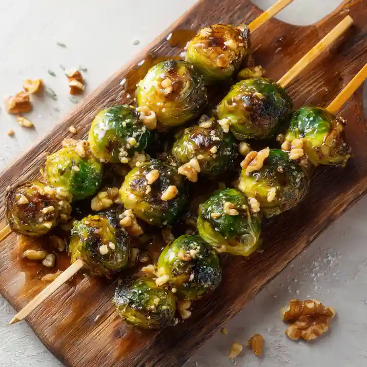 Caramelized Brussels Sprouts Skewers with Walnut Honey, sweet roasted appetizer