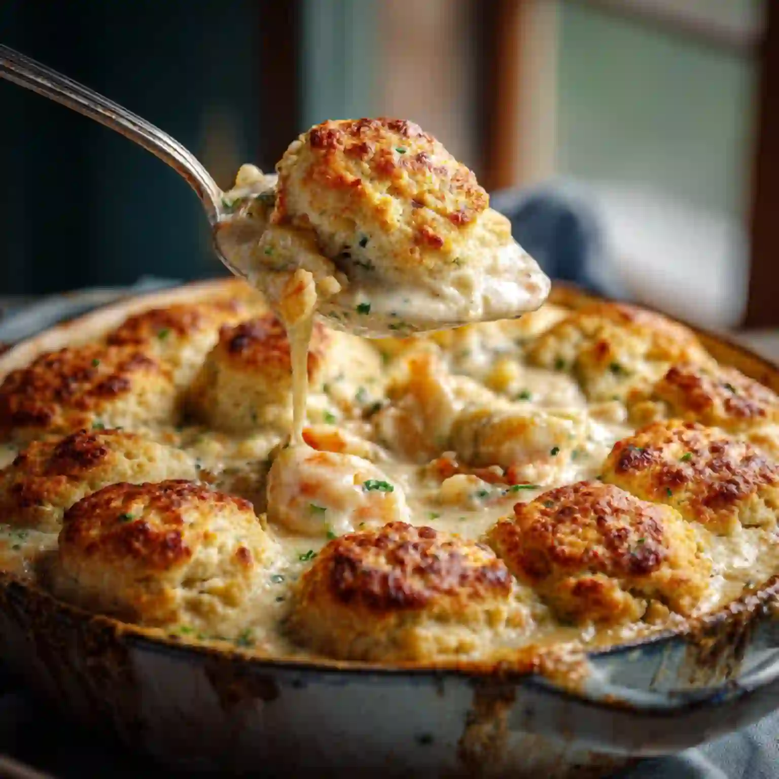 Cheddar Bay Biscuit Seafood Pot Pie bubbling with golden biscuits
