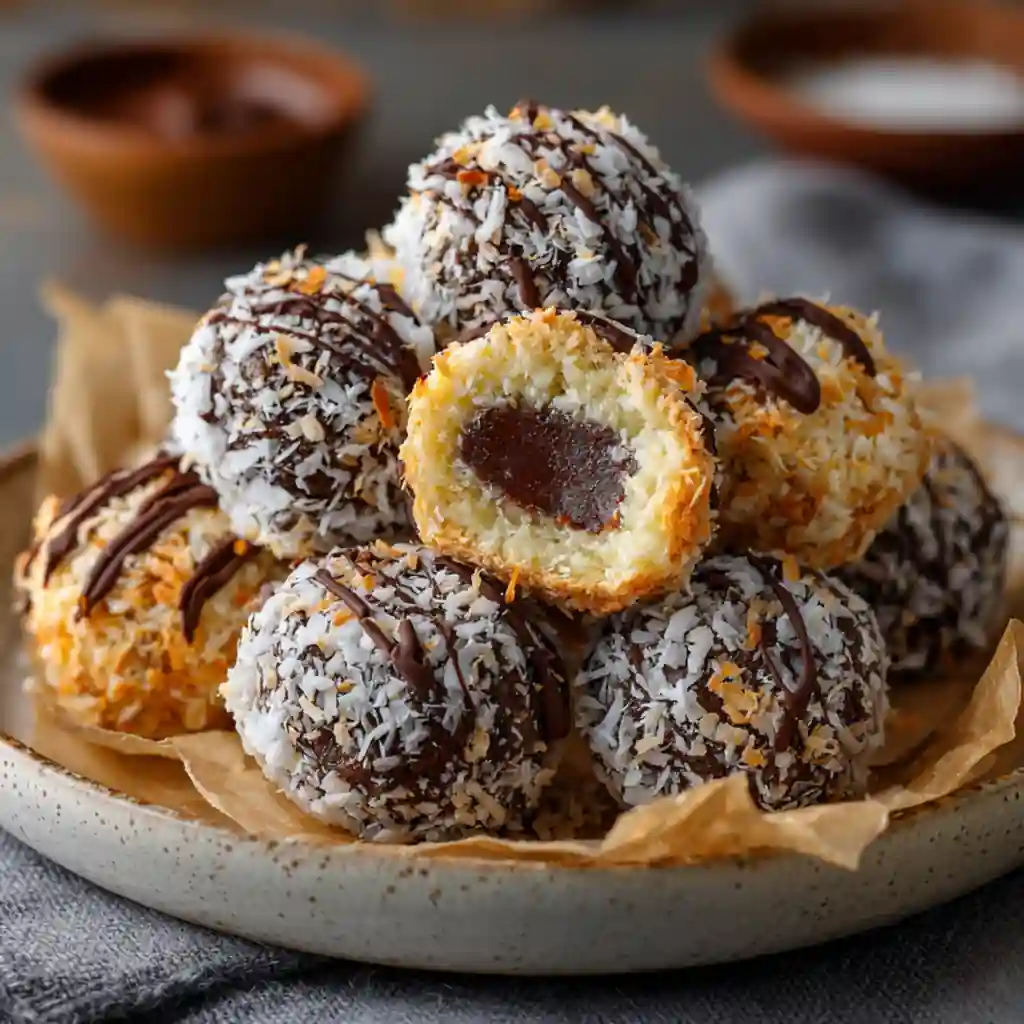 Chocolate Coconut Bliss Balls with Creamy Chocolate Centers 1 Chocolate Coconut Bliss Balls with creamy centers and toasted coconut coating