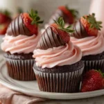 Chocolate Covered Strawberry Cupcakes with frosting and dipped berries