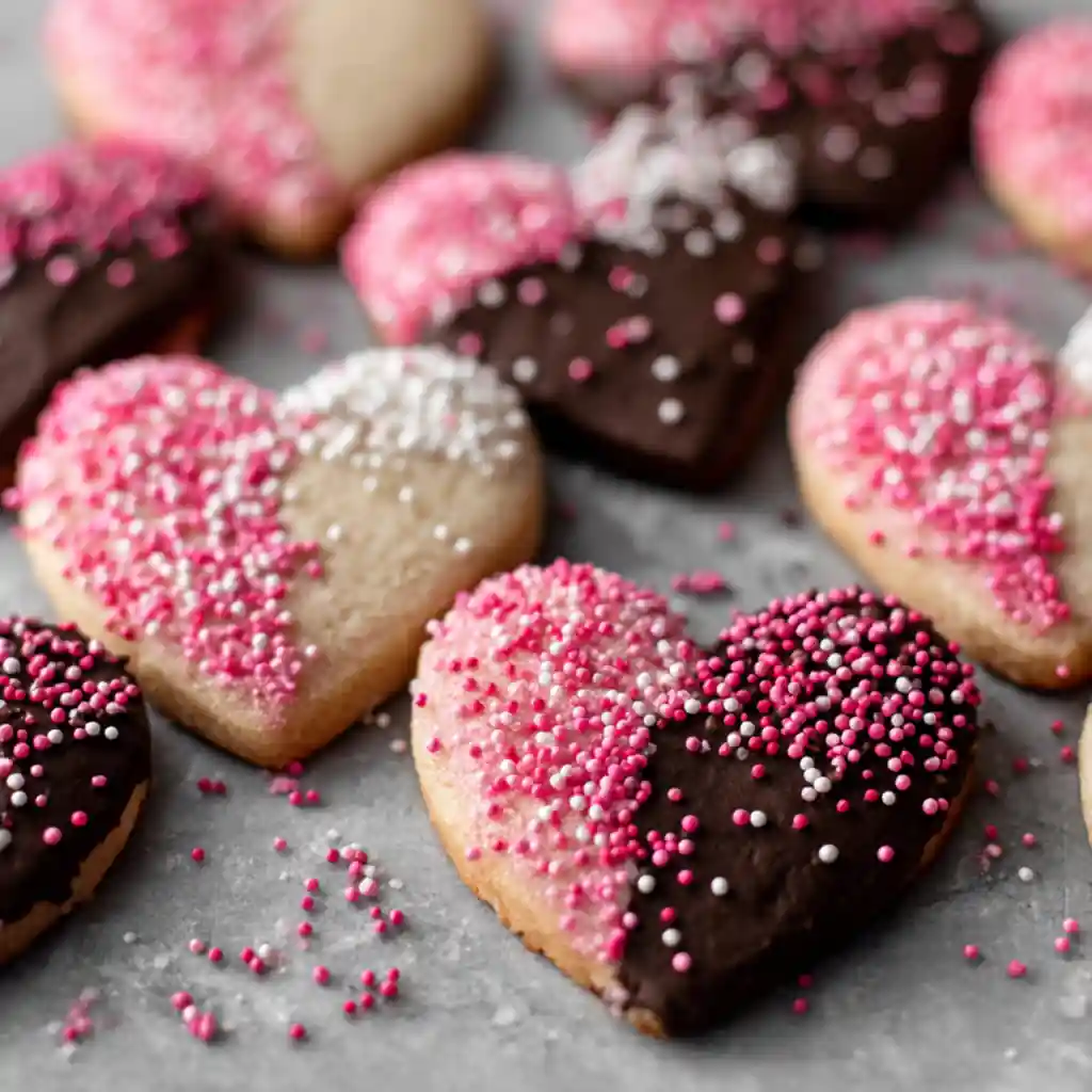 Chocolate-dipped heart cookies with sprinkles