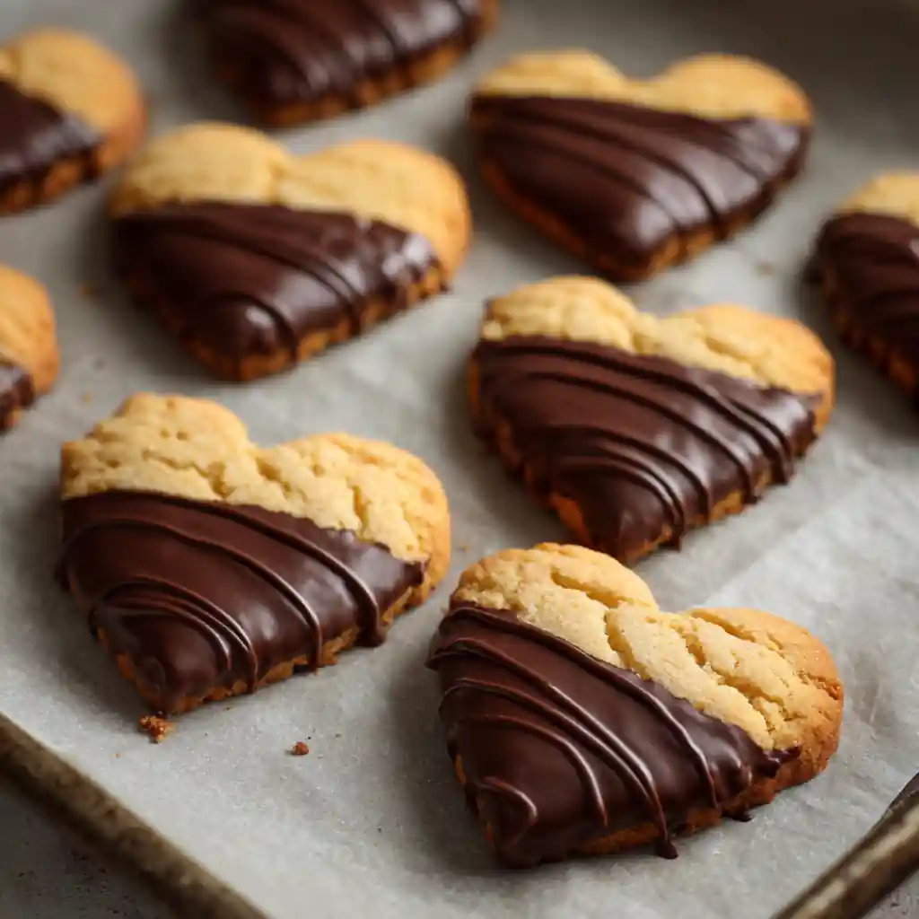 Chocolate-Dipped Heart Cookies: Simple, Sweet, and Perfectly Homemade 2 Chocolate-Dipped Heart Cookies, buttery heart-shaped cookies half covered in glossy chocolate
