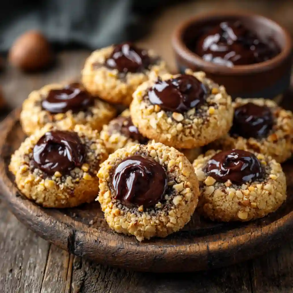 Chocolate Hazelnut Thumbprint Cookies with glossy centers