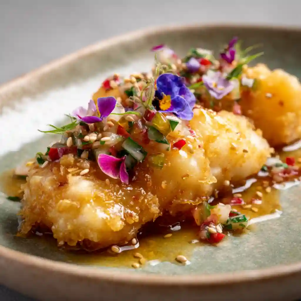 Cod Tempura with Blossom Salsa and Mirin-Ginger Glaze – Light, Crisp & Flavorful 1 Cod Tempura with Blossom Salsa and Mirin-Ginger Glaze – crispy fish with ginger glaze