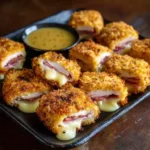 Cordon bleu bites with melted cheese and crispy coating on serving platter