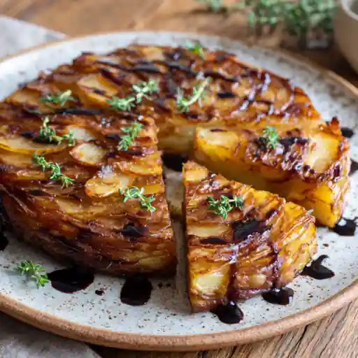 Crispy Balsamic Thyme Potato Torte – golden layered potato bake with thyme and balsamic glaze