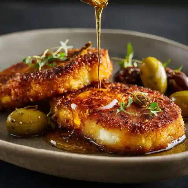 Crispy Fried Brie with Pepper Honey and Citrus-Herb Olives served hot on a modern plate