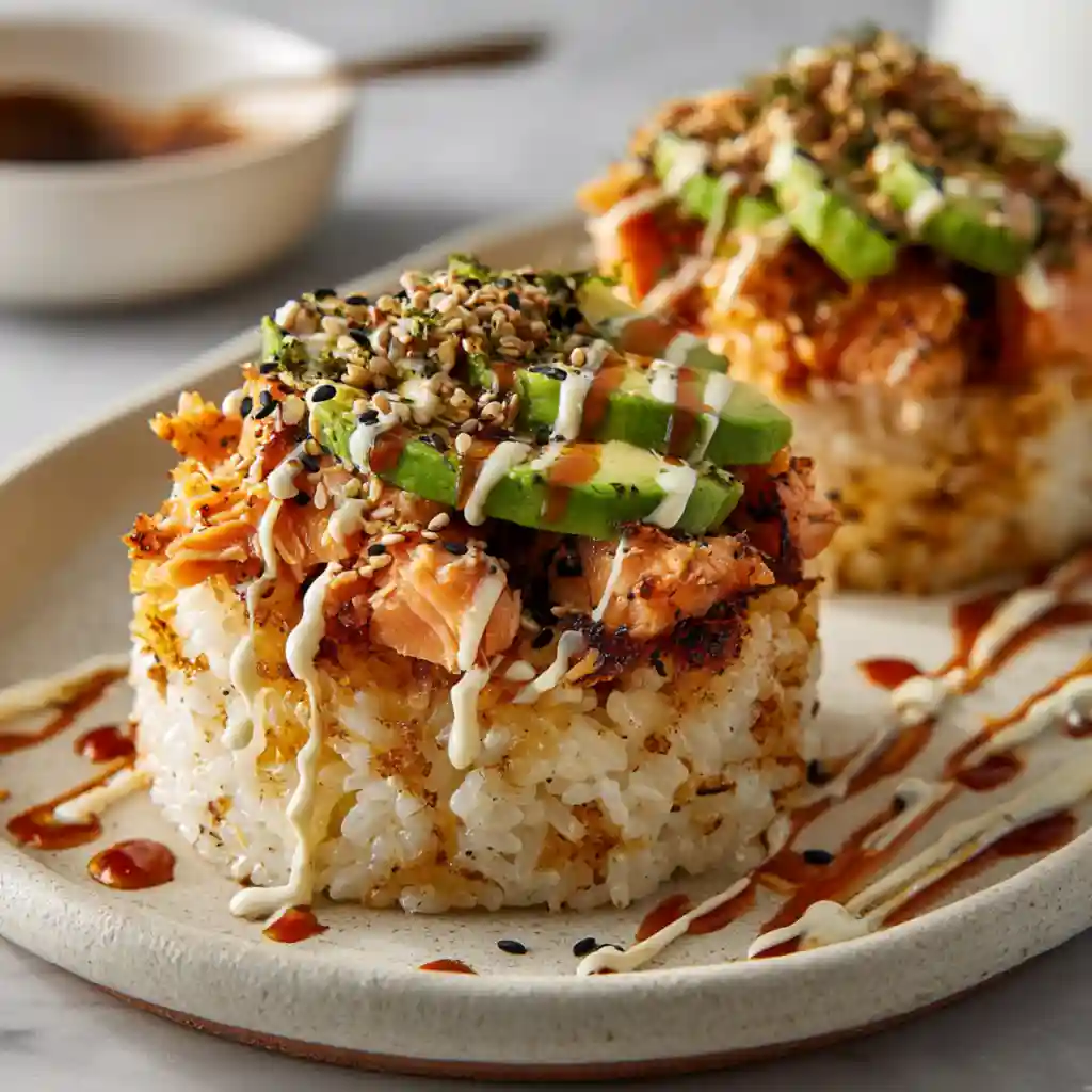 Crispy Salmon Rice Stack – golden rice topped with creamy salmon and avocado
