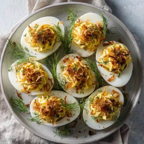 Dill Pickle Deviled Eggs – Creamy, Tangy, Crispy Party Bites 2 Dill pickle deviled eggs topped with crispy onions and dill