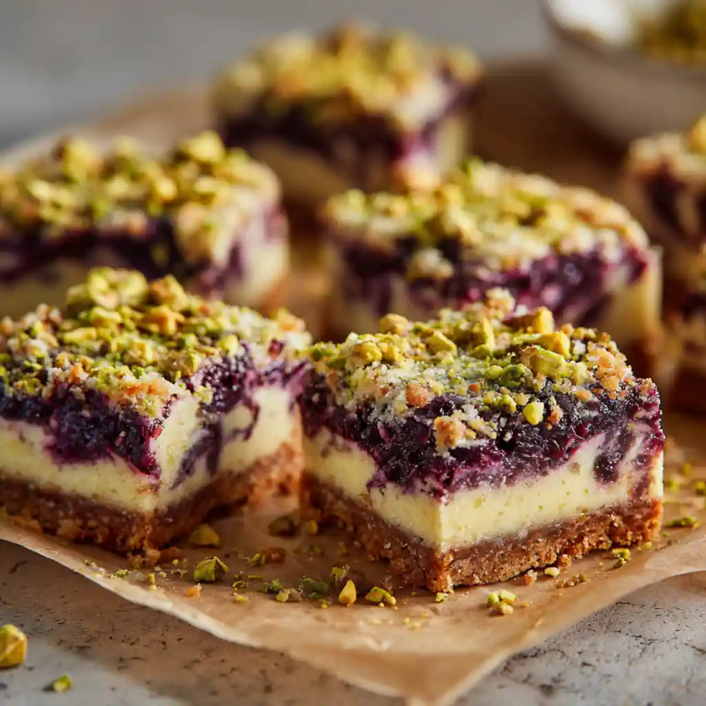 Easy Blackberry Pistachio Dream Bars – creamy dessert with berries and nuts