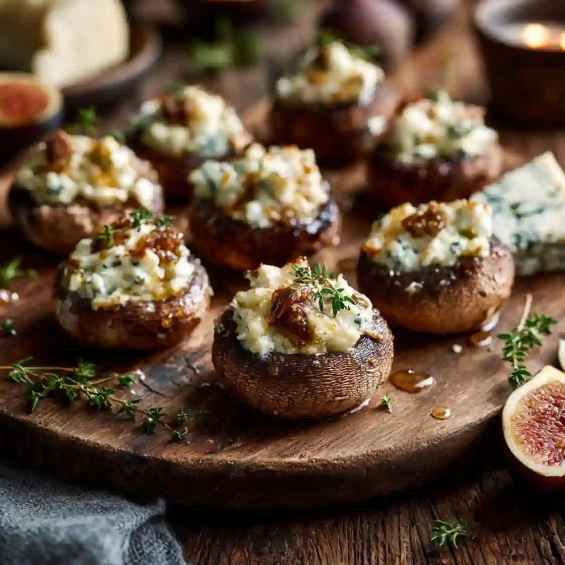 Fig and Blue Cheese Stuffed Mushrooms on wooden serving board