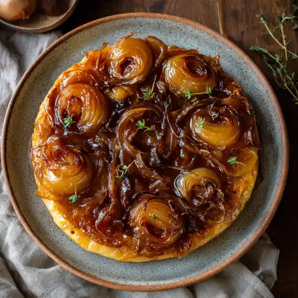 French Onion Tarte Tatin – golden puff pastry with caramelized onions