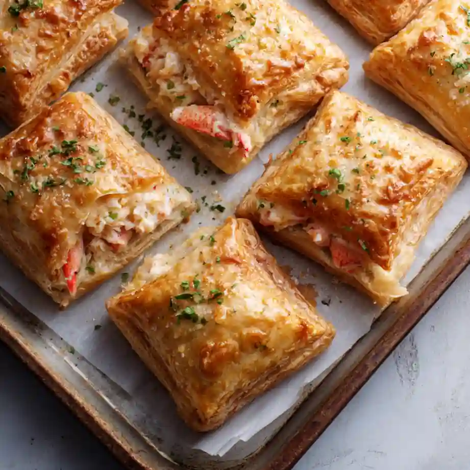 Golden puff pastry squares stuffed with garlic butter lobster filling
