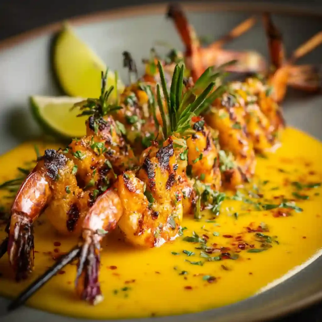 Grilled shrimp plated over spicy mango lime coulis with fresh herbs